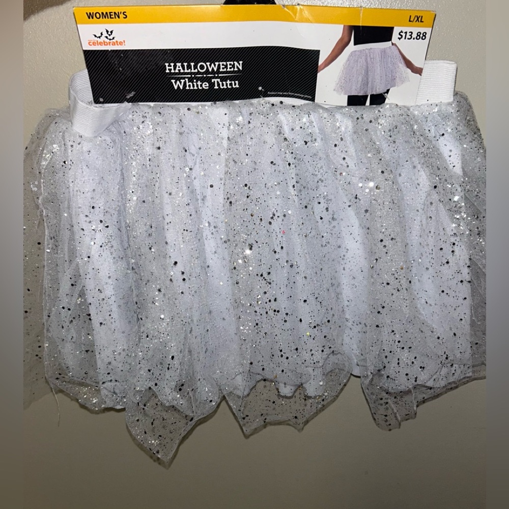 Womens L/XL Cosplay Halloween White Tutu With Silver Glitter ( Stretchy Waist)